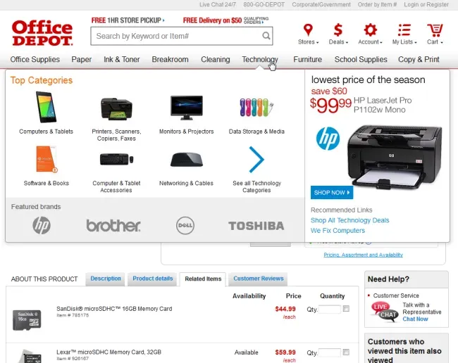 office depot mega menu and global nav